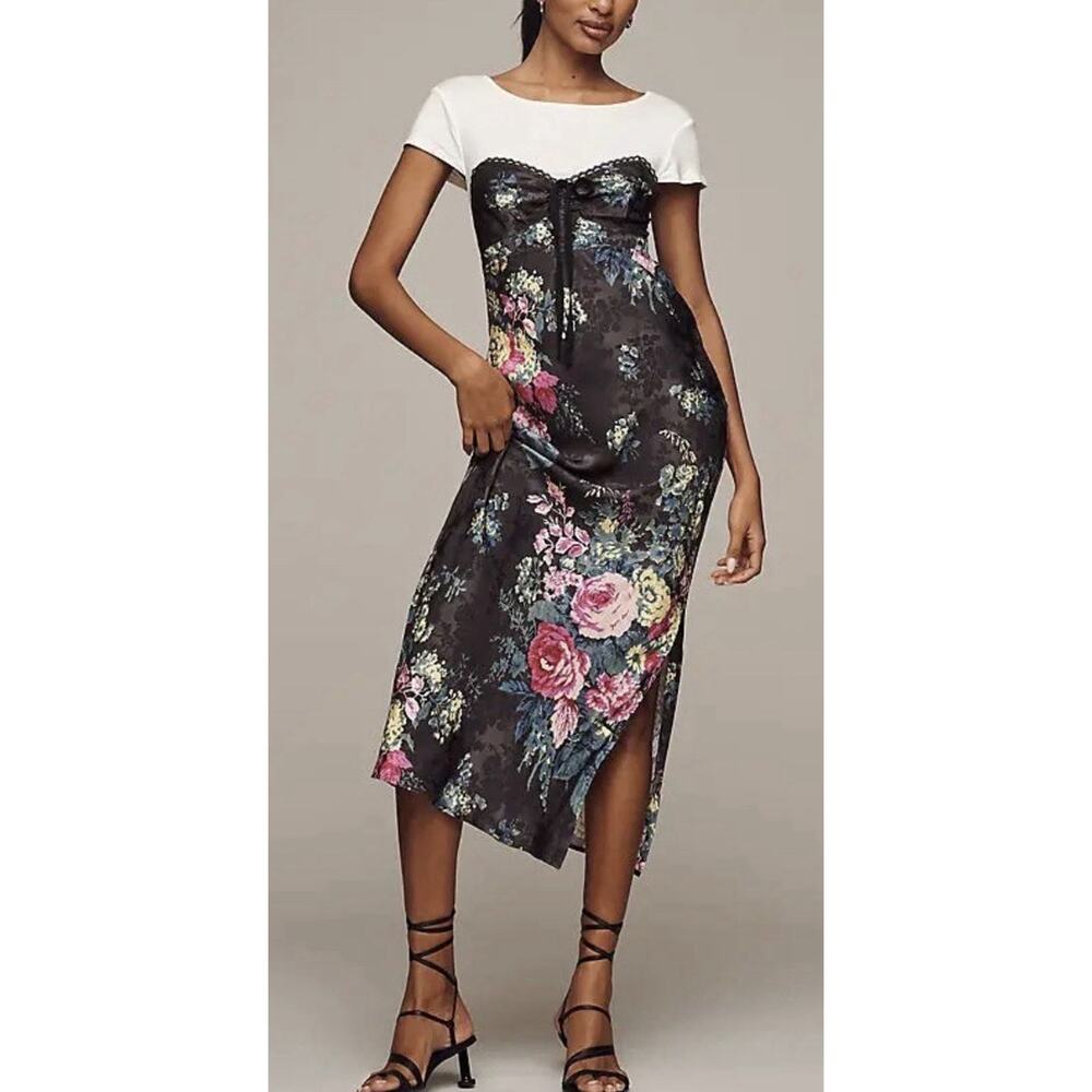 Anthropologie Twofer Midi Slip Dress Floral Zipper Style Size XS